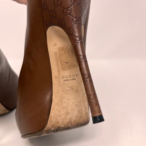 Gucci Womens 36 Chocolate Brown Leather Sofia Platform Stiletto Peep Toe Heels - Picture 9 of 16